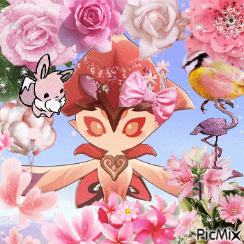 a collage of pink flowers with a picmix logo