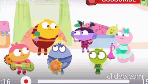 a group of cartoon characters are dancing in a room with a red subscribe button