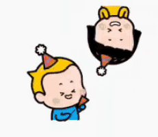 a cartoon boy wearing a party hat is blowing a party horn