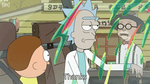 a cartoon of rick and morty with the words thanks on the bottom