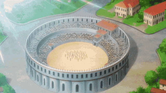 an aerial view of a circular stadium with a lot of people standing in it