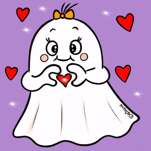a cartoon drawing of a ghost holding a red heart with hearts surrounding it