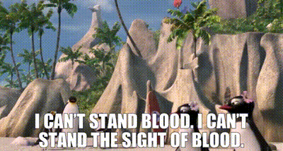 a cartoon scene with penguins and the words i can 't stand blood i can 't stand the sight of blood .