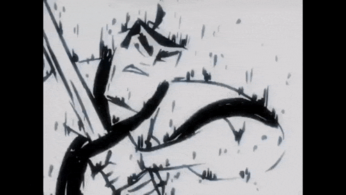 a black and white drawing of a person with a sword