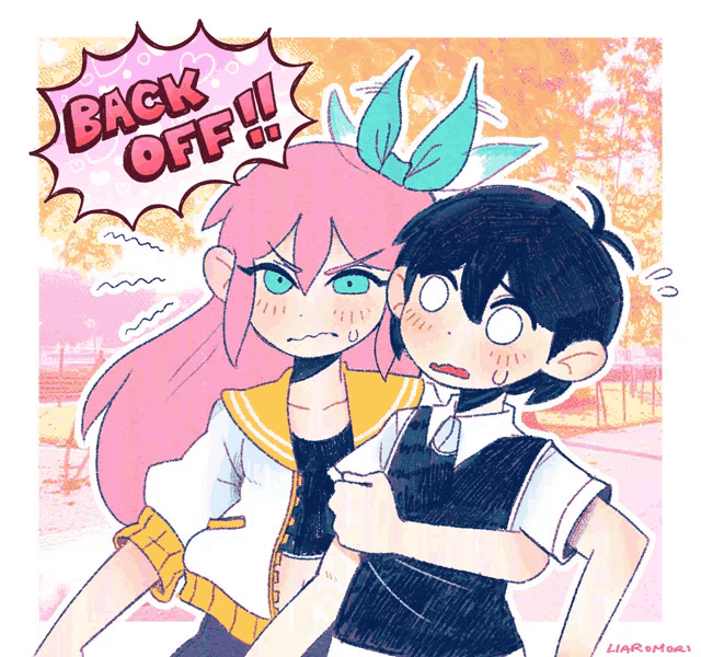 a drawing of a boy and a girl with a speech bubble that says " back off "
