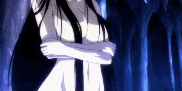 a naked anime girl with long black hair is standing in a dark forest with her arms crossed .