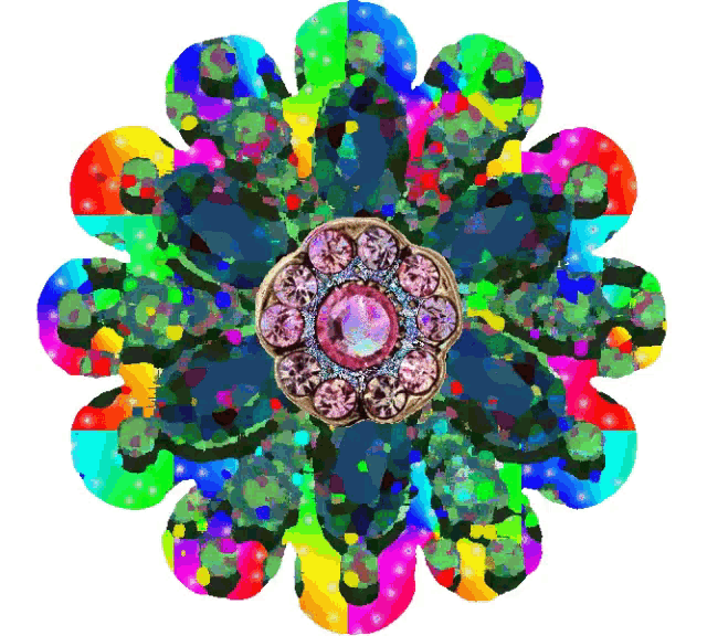 a colorful flower with a pink jewel in the middle