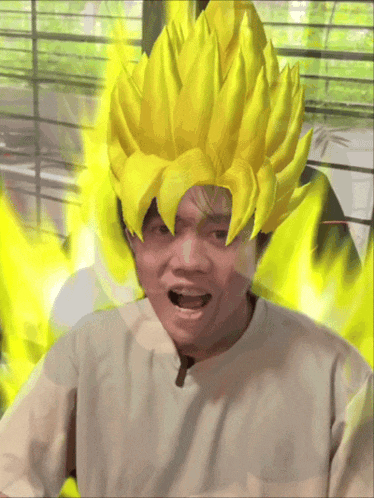 a man with a yellow wig on his head looks like a cartoon character