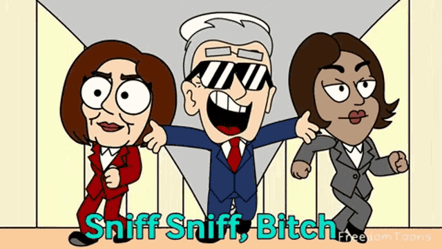 a cartoon of two women and a man with sniff sniff bitch written on the bottom