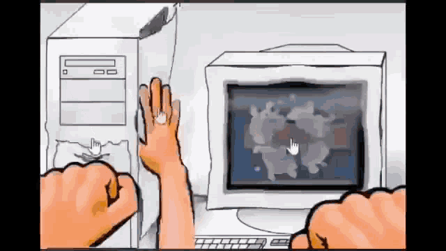 a cartoon of a computer being destroyed by a person 's fist