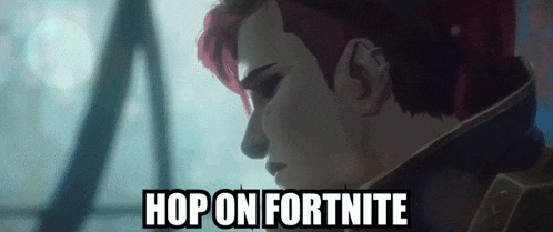 a man with red hair is looking out a window and the words hop on fortnite are written above him .
