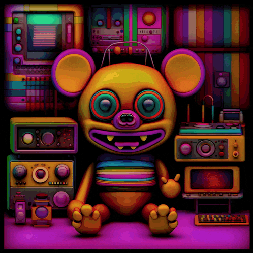 a cartoon drawing of a colorful teddy bear surrounded by various electronic devices including a keyboard and a monitor