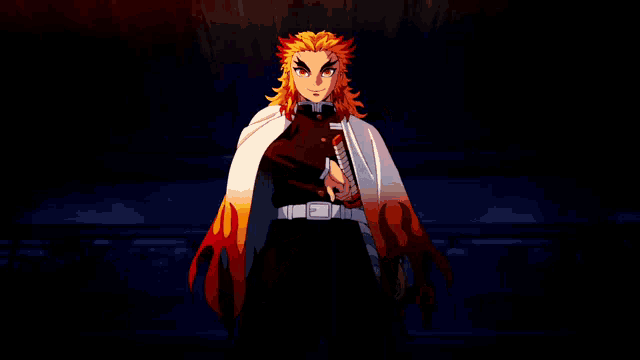 a cartoon character with a sword and a cape with flames coming out of it