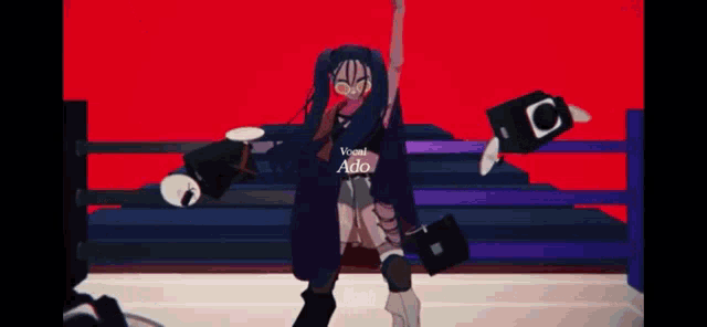 a cartoon character is standing in a boxing ring with a boxing glove on her head .
