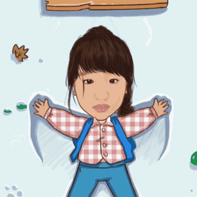 a cartoon of a girl with wings and a backpack laying in the snow