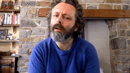 a man with a beard wearing a blue sweater is standing in front of a stone wall and a fireplace