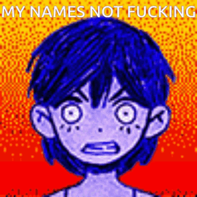 a pixel art of a boy with blue hair and the words `` my names not fucking '' on the bottom .