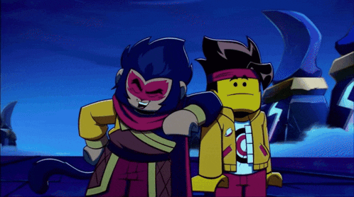 two cartoon characters are standing next to each other with one wearing a t-shirt that says ' a ' on it