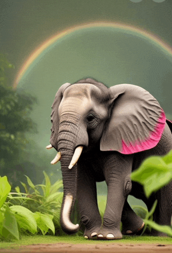an elephant with a pink ear is standing in the grass with a rainbow in the background