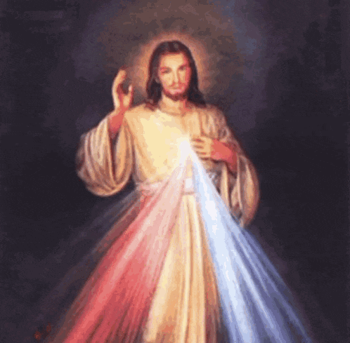 a painting of jesus with red , white and blue rays coming out of his chest .