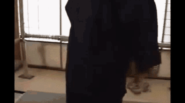 a man in a black robe is standing in a room with a fan .
