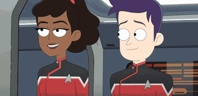 a man and a woman standing next to each other in a cartoon