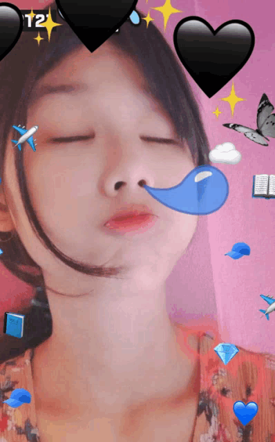 a girl with her eyes closed is surrounded by hearts and icons including an airplane and a diamond