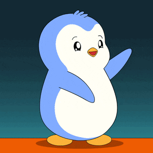 a blue and white penguin with yellow feet