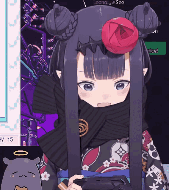 a girl with purple hair and a red rose in her hair is holding a controller in front of a screen that says leona