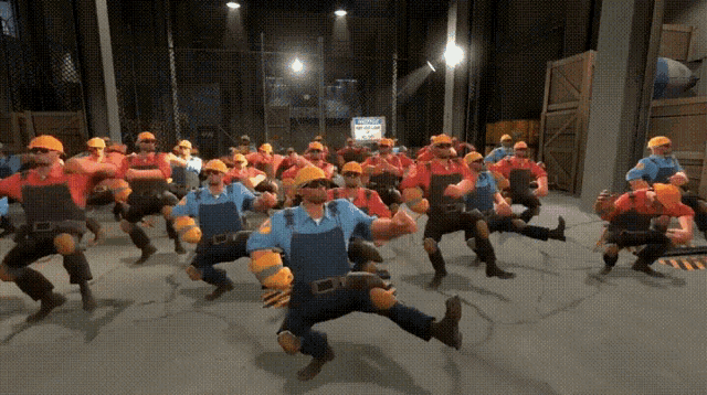 a bunch of construction workers are dancing in a dark room
