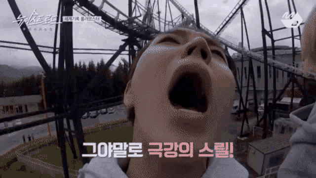 a man is screaming while riding a roller coaster with korean writing on the bottom