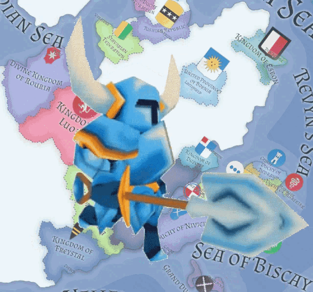 a map of the sea of bischy with a blue knight on top