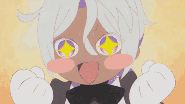 a cartoon character with white hair and a yellow star in his eyes