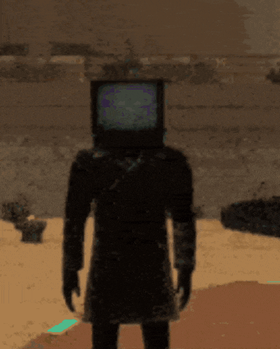 a person with a tv on their head is standing in the desert