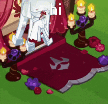 a cartoon character is sitting on a chair with candles and flowers and the words hi on the bottom