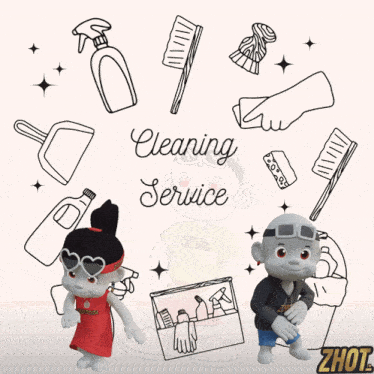 a cleaning service advertisement with cartoon characters