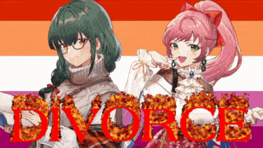 two anime girls are standing next to each other and the word divorce is written in flames