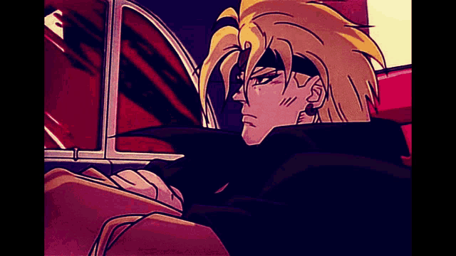a cartoon of a man sitting in a car with a purple background