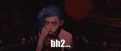 a cartoon girl with blue hair is standing in front of a red moon and says bh2