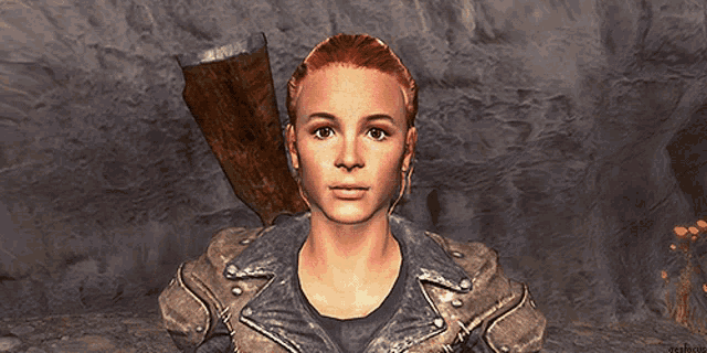 a woman in a leather jacket is holding a rifle