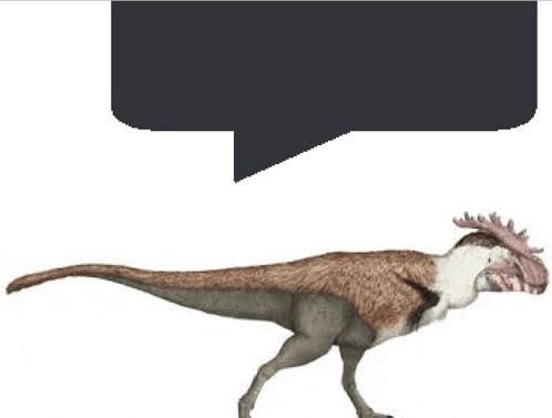 a dinosaur is walking with a speech bubble in the background .