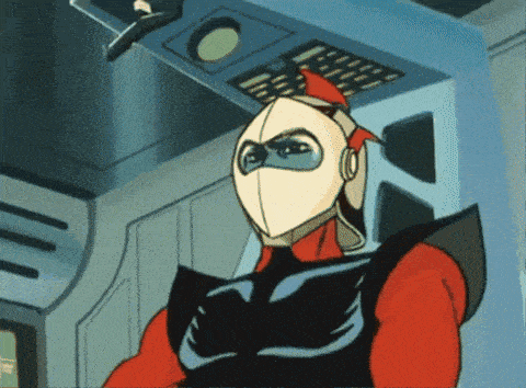 a cartoon character is wearing a helmet and a red and black outfit