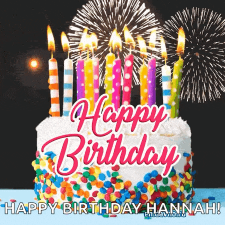 a birthday cake with candles and fireworks in the background for hannah