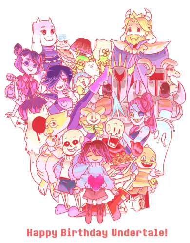 a group of undertale characters are gathered together in a heart shape with the words happy birthday undertale below them