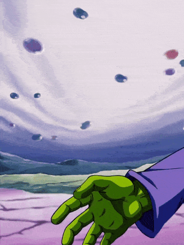 a green hand in a purple shirt is reaching out towards a cloudy sky