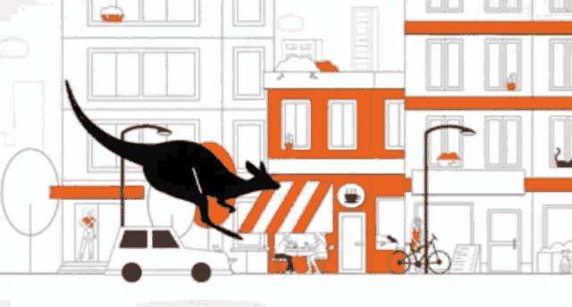 a black and white drawing of a kangaroo jumping in front of a building