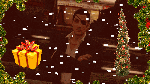 a man with an eye patch says holy night in front of a christmas tree and a gift