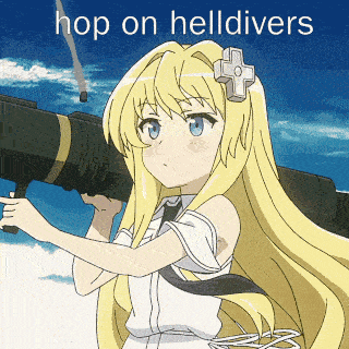 a girl with long blonde hair is holding a rocket launcher with the words hop on helldivers above her