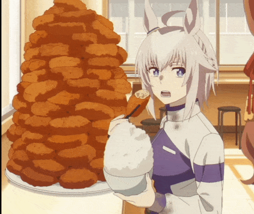 a girl with white hair is holding a stack of food