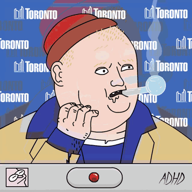 a cartoon of a man smoking a pipe with the word toronto on the background